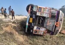 स्टेयरिंग फेल होने के कारण सड़क किनारे पलटा ट्रक,चालक परिचालक हुए घायल